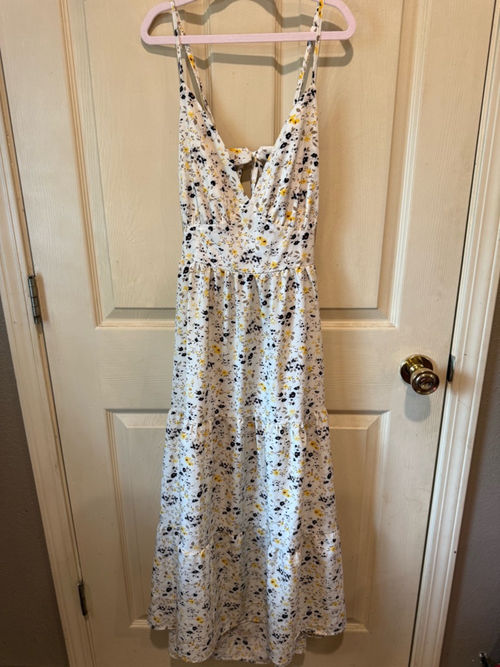 White Maxi Dress with Yellow & Black Floral Print